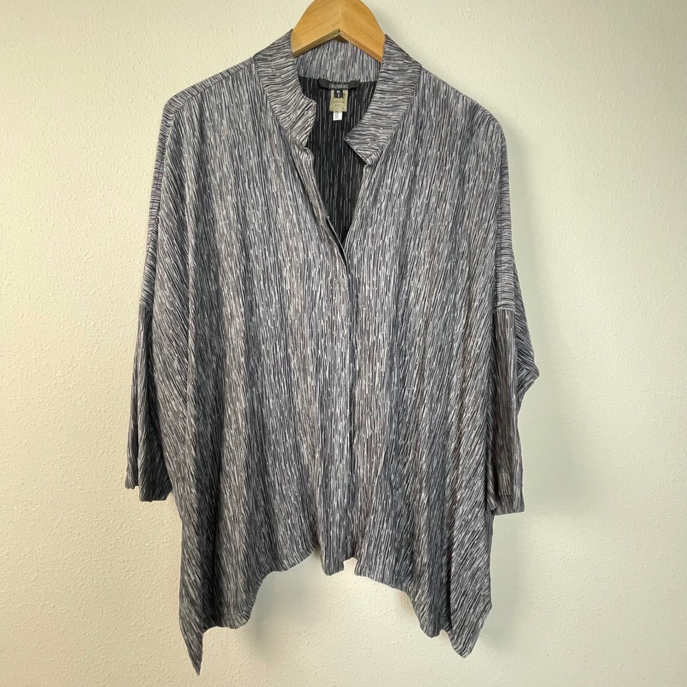 Dressori‎ Womens XL Black Gray Stripe Pleated Long Sleeve Button Front Top